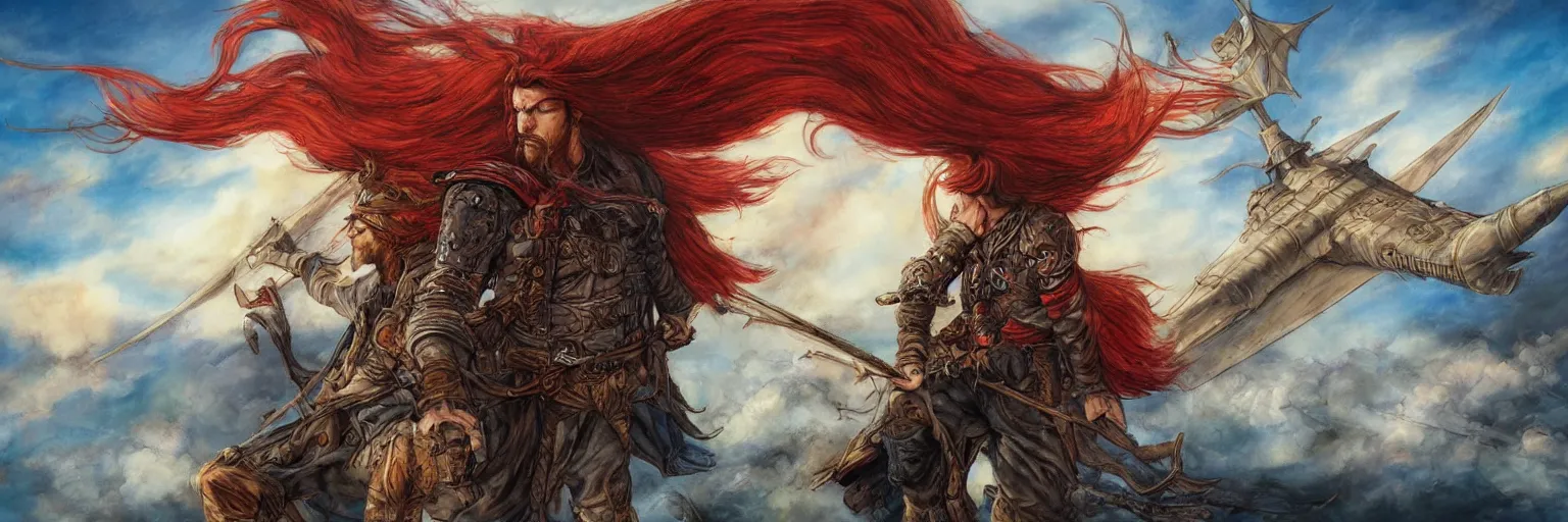 Prompt: colored pencils an epic fantasy comic book style painting of a long haired, red headed male sky - pirate in front of an airship, fine details, concept design, contrast, kim jung gi, pixar and da vinci, trending on artstation, 8 k, ultra wide angle