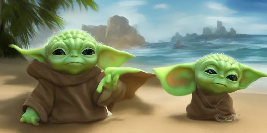 Image similar to Baby Yoda chillin on a beach, waves coming up onto the shore, palm trees swaying in the wind, hyperdetailed, artstation, cgsociety, 8k