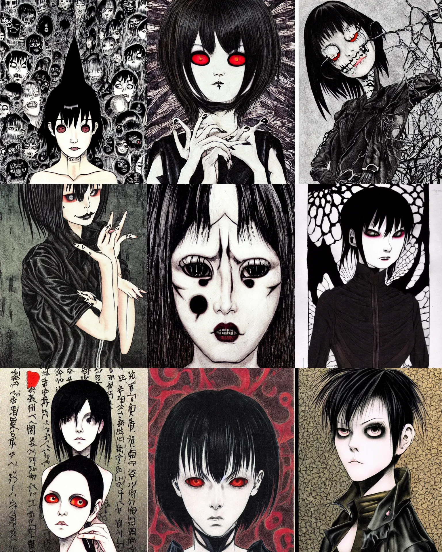 Prompt: A goth portrait by Junji Ito. She has large evil eyes with entirely-black sclerae!!!!!! Her hair is dark brown and cut into a short, messy pixie cut. She has a slightly rounded face, with a pointed chin, and a small nose. She is wearing a black leather jacket, a black knee-length skirt, a black choker, and black leather boots.