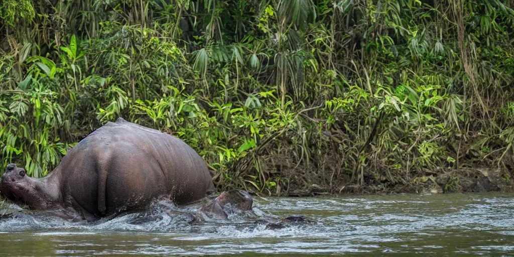 Prompt: a hippo with large wings in a river in the jungle. extremely high fidelity, ominous natural lighting