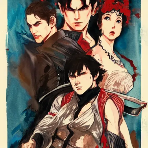 Image similar to vintage movie poster art for tekken by trending pixiv fanbox, watercolor, style of mucha akihiko yoshida takashi stephen bliss kurosawa and agnes cecile 4 k concept art