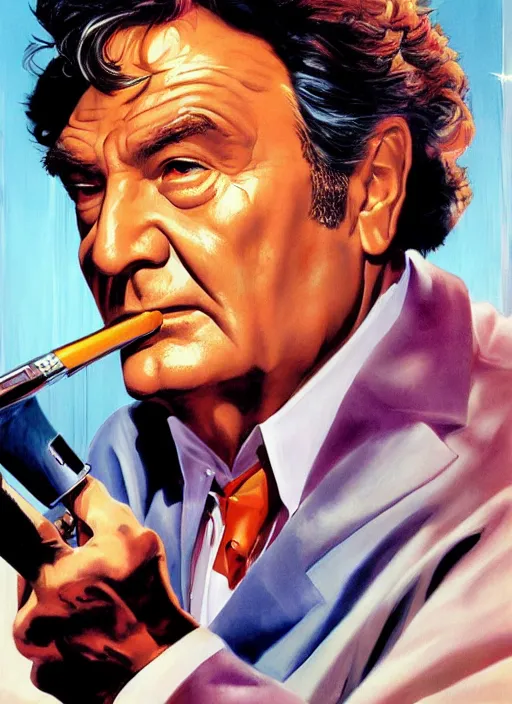 Image similar to a painting of columbo, poster art by alex ross, featured on cgsociety, neogeo, official art, movie poster, poster art