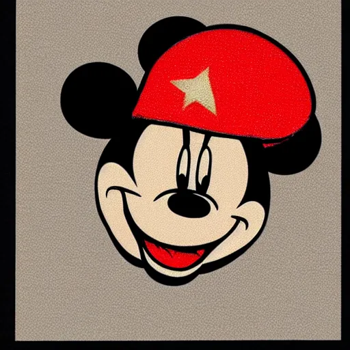 Image similar to a drawing of disney's mickey mouse in a ushanka with a soviet emblem, color, professional,