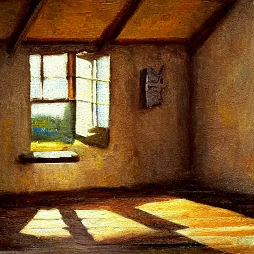 Prompt: oil painting of mostly empty cottage interior, one small window with sunlight shining onto the floor. artistic. cozy. wooden floor. rustic. solace.