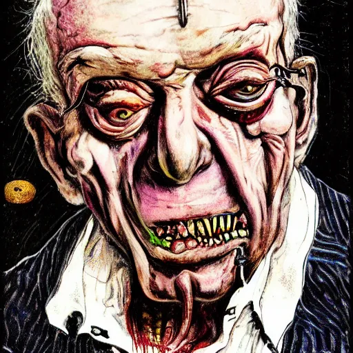 Image similar to Jacob Rothschild full body shot, dollar bills Body horror, biopunk, by Ralph Steadman, Francis Bacon, Hunter S Thompson