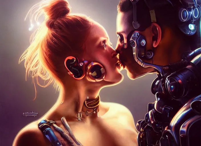 Image similar to ultra realistic medium shot of a couple of cyborgs kissing, lovers, romantic, cyberpunk, sci - fi, fantasy, kodak, colour led, soft light, volumetric lighting, fog, rays, night, intricate, highly detailed, digital painting, concept art, smooth, sharp focus, illustration, art by artgerm and greg rutkowski and alphonse mucha