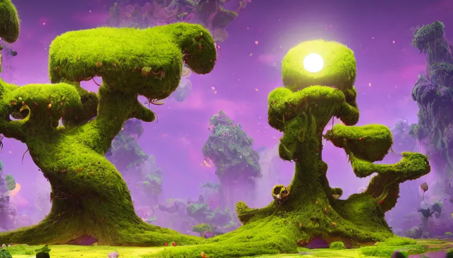 Image similar to A fancy huge slime tree on a magical biome full of oddities, goofy, sparky, full sun, positive vibes, behance, artstation, unreal render, unreal engine 5, octane, smooth, 8k