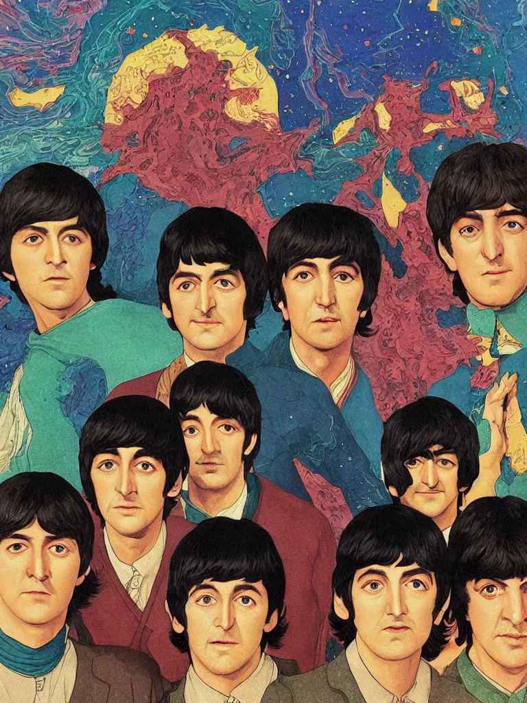 Image similar to an close up of the beatles as a characters from the lord of the rings, taking mind altering drugs, dreaming psychedelic hallucinations in the vast mordor landscape, by kawase hasui, moebius, edward hopper, colorful flat surreal design, dramatic lighting, hd, 8 k, artstation