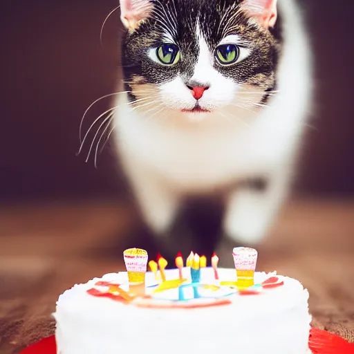 Prompt: photo of a cute happy cat celebrating his birthday. highly - detailed, sharp focus, award - winning