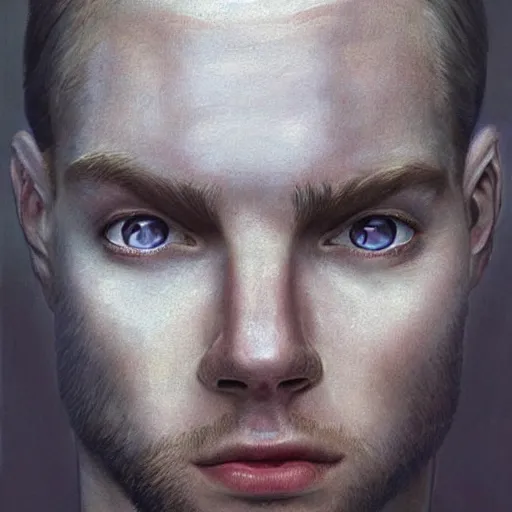 Prompt: 2 4 - year - old man, masculine face, hyper masculine features, very tall and muscular, extremely pale skin, square jaw, ginger hair, sapphire blue eyes, hyper realistic face, beautiful eyes, highly detailed, digital painting, smooth, sharp, strong face, expressive eyes, medium long wavy ginger hair, art by greg rutkowski and alex gray