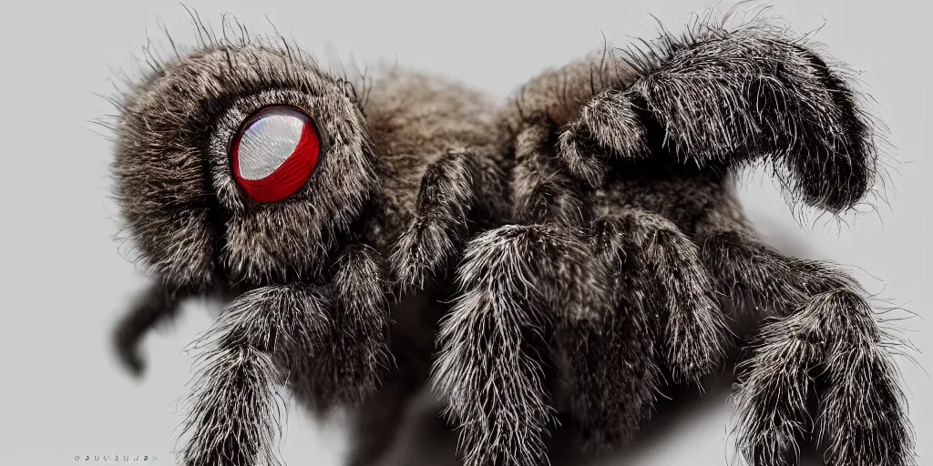Prompt: white tarantula spider with red eyes, white background, fur, very realistic, highly detailed, hyperrealism, photo, by greg rutkowski, cinematic, dynamic lighting, octane render