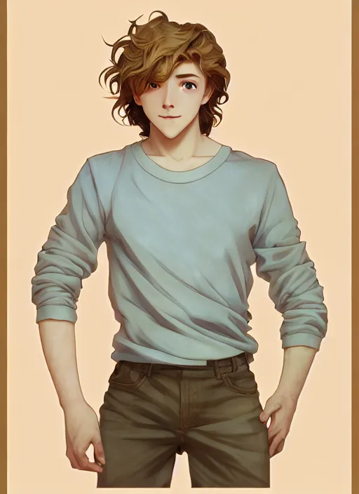 Prompt: young man with medium - length, curly, golden hair, perfectly proportioned face, aquamarine eyes, sweet smile, natural lighting, path traced, highly detailed, high quality, cartoon, digital painting, by new haicheng and studio ghibli and alphonse mucha