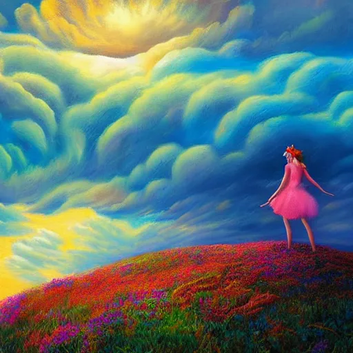 Image similar to giant flower head, frontal, woman standing on mountain, surreal photography, stormy sky, colorful clouds, impressionist painting, digital painting, artstation, rob gonsalves