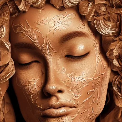 Image similar to beatifull face portrait of a woman, 150 mm, anatomical, flesh, flowers, mandelbrot fractal, facial muscles, veins, arteries, intricate, golden ratio, full frame, microscopic, elegant, highly detailed, ornate, ornament, sculpture, elegant , luxury, beautifully lit, ray trace, unreal, 3d, PBR, in the style of peter Gric , alex grey and Romero Ressendi