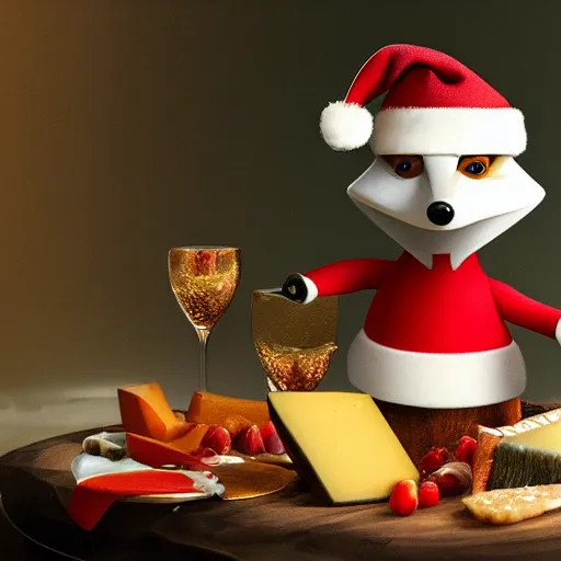 Image similar to A Detailed Award Winning Masterpiece, trending on artstation, 4k, of a fox wearing a santa hat, eating a cheese platter