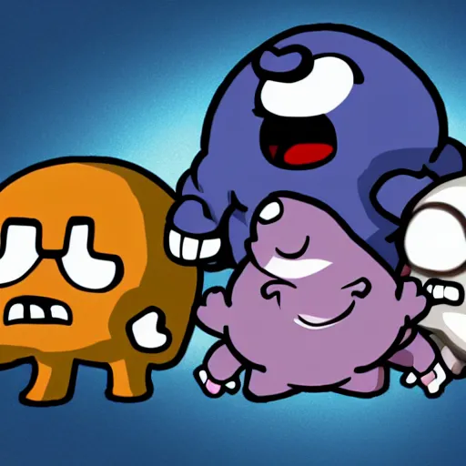 Prompt: binding of isaac, isaac, blue baby, guppy, monstro, dingle, turdlings