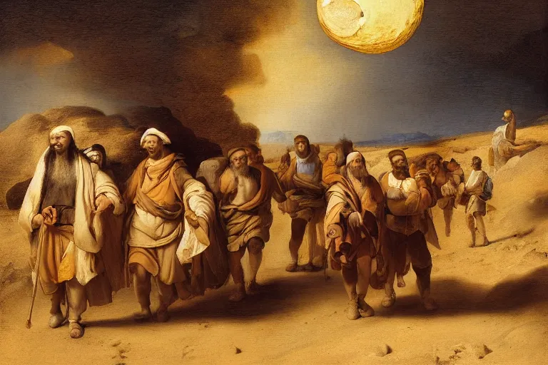 Prompt: group of pilgrims walking through the desert with the moon on the horizon, in the style of jan lievens, highly detailed, elegant, intrincate, colorful, vivid, realist style, hyperdetailed, 4 k resolution, matte painting