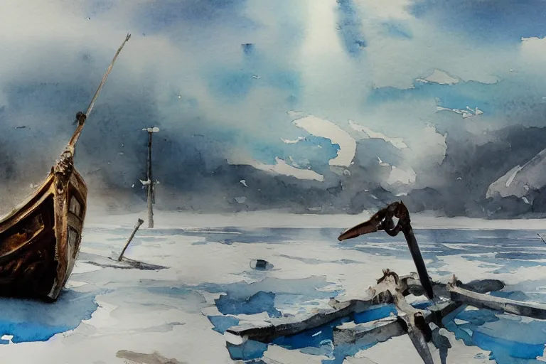 Prompt: small centered on watercolor paper, paint brush strokes, abstract watercolor painting of ancient viking wreck skeleton in frozen lake, daylight, blue sky, cinematic light, national romanticism by hans dahl, by jesper ejsing, by anders zorn, by greg rutkowski, by greg manchess, by tyler edlin