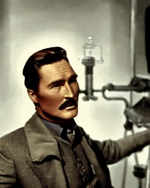 Prompt: Errol Flynn as a scientist. 1980s dystopian Soviet Russia, propaganda screens. Unreal engine, fantasy art by Thomas Cowperthwait Eakins. Faithfully depicted facial expression, perfect anatomy global illumination, radiant light, detailed and intricate environment