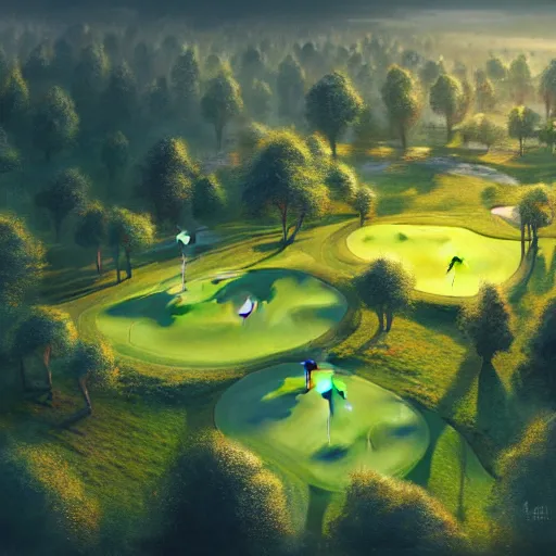 Prompt: Concept art, beautiful painting of a small golf course in the midst of metropolis city, 8k, Jeremy Cheung, greg rutkowski, artstation, aerial view