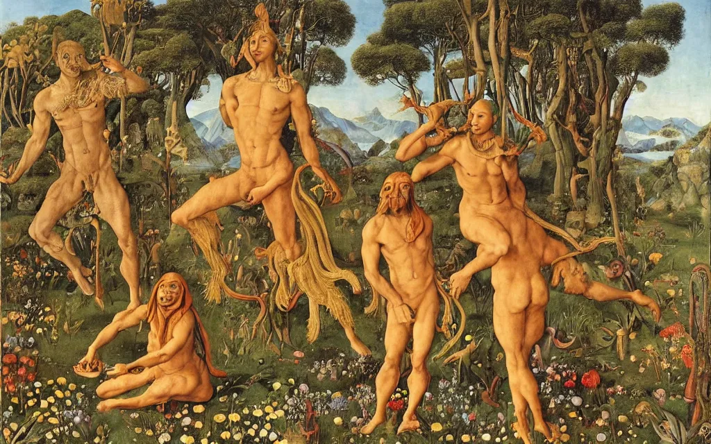 Image similar to a portrait photograph of a meditating satyr and a centaur monk riding a rocket machine and hunting at a river delta. surrounded by bulbous flowers and trees. mountain range under a blue sky of fiery stars. by jan van eyck, max ernst, ernst haeckel, ernst fuchs and artgerm, cgsociety, fashion editorial, 8 k