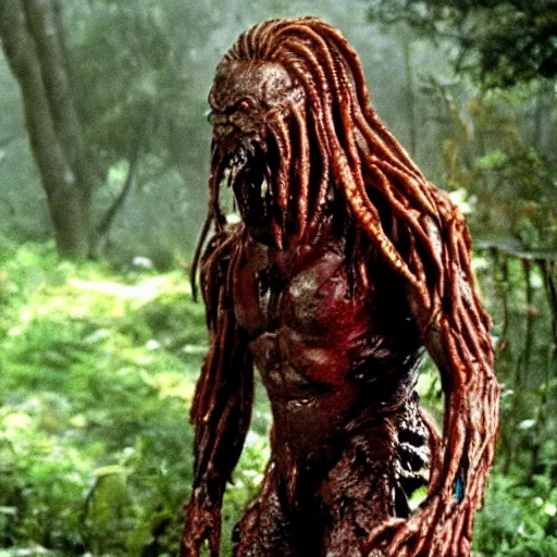 Prompt: tom hanks in the move forest gump replaced by a monster from the movie predator, still movie shot