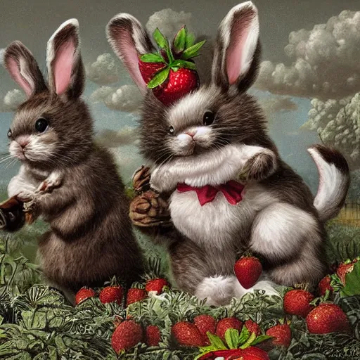 Prompt: fluffy brown, black, white bunnies playing in the strawberry garden, lowbrow, matte painting, 3 - d highly detailed, style of greg simkins