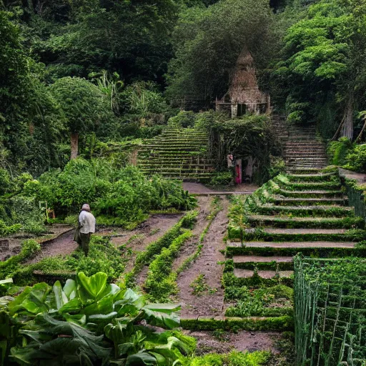 Image similar to highly detailed vegetable garden las pozas, lots of leaves, fence line, detailed. rule of thirds. intricate. sharp focus. wide angle. unreal engine 8 k. renaissance painting, wlop, cinematographer jim jarmusch, film noir