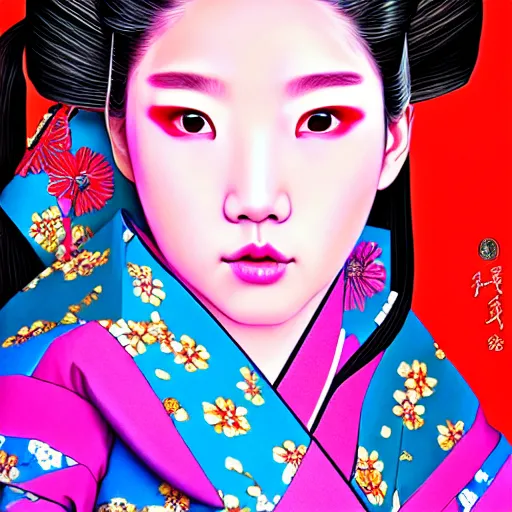 Prompt: blackpink, hyperrealistic portrait of a geisha wearing a colorful kimono, art station, poster, volumetric lighting, very detailed face, intricate complexity, rule of thirds, 8 k, award winning