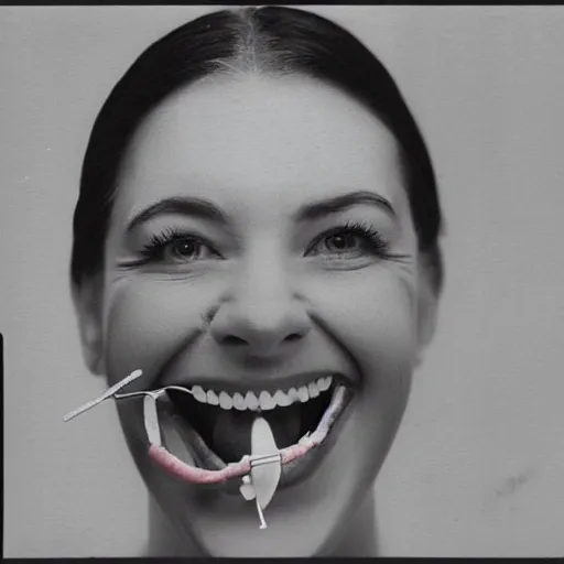 Image similar to closeup of woman with rotting teeth and blistered lips, newspaper ad for dentist