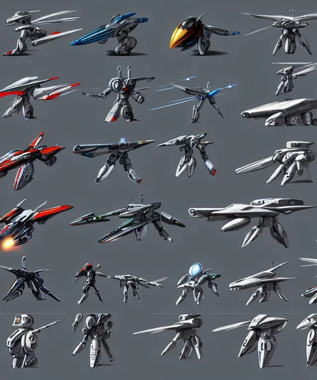 Image similar to 2 d shooter game concept art sprite sheet!!!, robotech gradius outer space concept art, hyperrealism, fine detail, 8 k, 3 d render, artstation contest winner, cgsociety, cryengine, zbrush, vray, no background