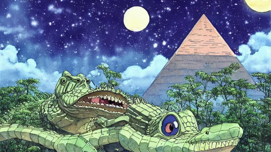 Prompt: a hyperrealist watercolor concept are from a studio ghibli film showing a giant mechanized crocodile from howl's moving castle ( 2 0 0 4 ). a pyramid is under construction in the background, in the rainforest on a misty and starry night. a ufo is in the sky. by studio ghibli