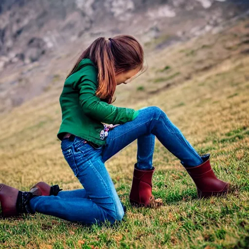 Image similar to a young girl plays on a great green meadow, she wears a jacket, jeans and boots, she has ponytails, photo taken by a nikon, highly detailed, sharp focus