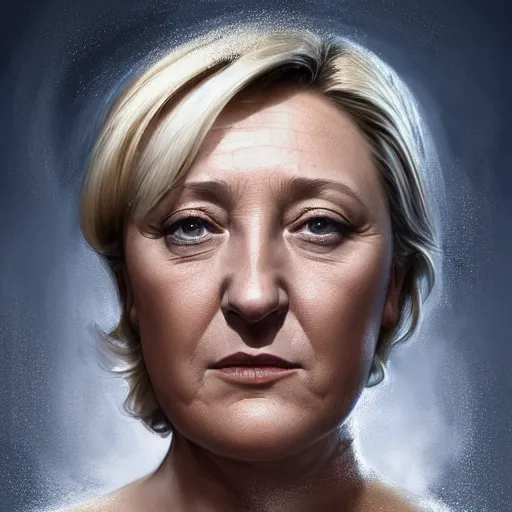 Image similar to Portrait of Marine le Pen , heroic, amazing splashscreen artwork, splash art, head slightly tilted, natural light, elegant, intricate, fantasy, atmospheric lighting, cinematic, matte painting, detailed face, by Greg rutkowski