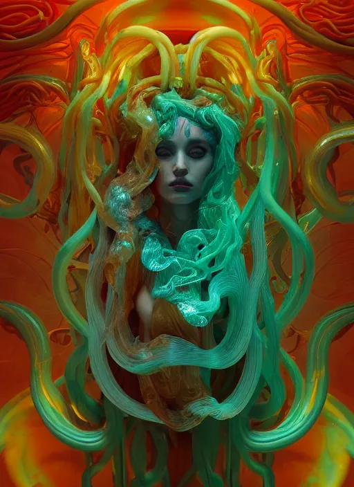 Image similar to subsurface scattering, medusa made of soft wax, cgsociety, translucent, wooden art nouveau swirls, biomechanical, colored smoke, gold cables, in the style of alberto seveso and beeple and giger, mystical colors, back light, rim light, dramatic lighting, 8 k, stunning scene, raytracing, octane render