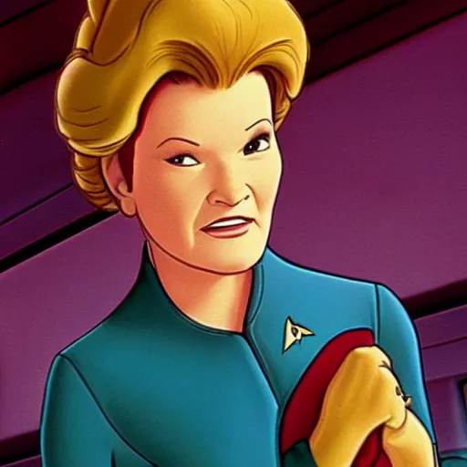 Prompt: captain janeway from star trek voyager in a still from a disney movie. beautiful cartoon character art, high quality, detailed face