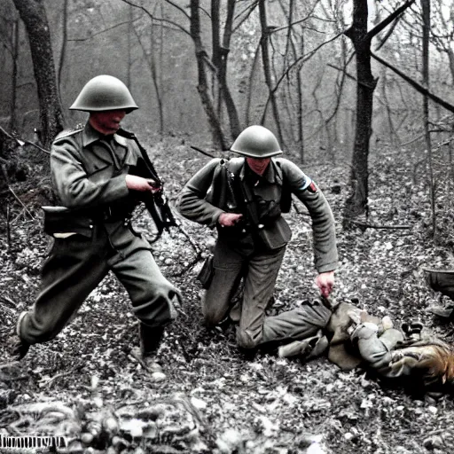 Prompt: ww 2 battlefield encounter in the woods between 2 american soldiers and a german soldier fighting for their lives