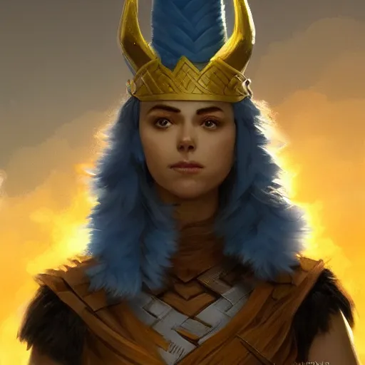 Prompt: a beautiful Norse Warrior based on Marge Simpson with glowing aura by Greg Rutkowski and Raymond Swanland, Trending on Artstation, cloudy background, ultra realistic digital art