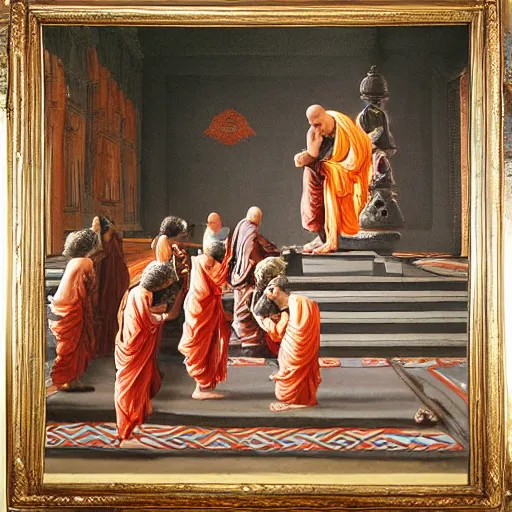 Prompt: blindfolded hindu monks following giant crow greek senete baroque painting, lionardo davinchi