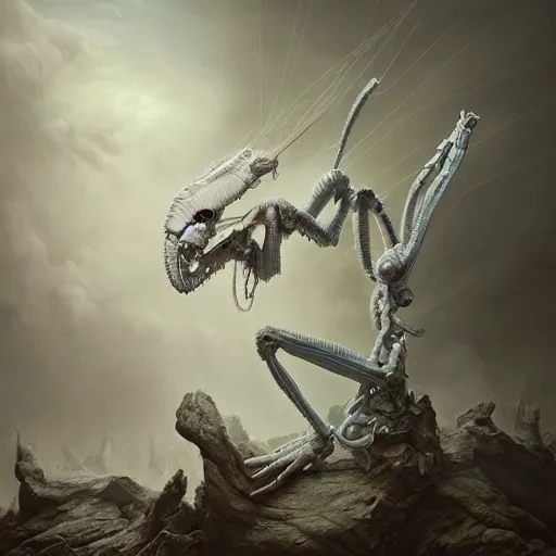 Prompt: cute white Mantis with cyan eyes creepy, nightmare, dream-like heavy atmosphere, neoclassic, baroque painting, beautiful detailed intricate insanely detailed octane render trending on Artstation, 8K artistic photography, photorealistic, volumetric cinematic light, chiaroscuro, Raphael, Caravaggio, Beksinski, Giger, Rembrandt