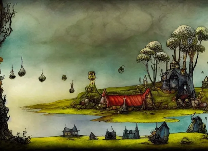 Image similar to a fantasy landscape with houses around a big lake, lowbrow in the style of alexander jansson and john bauer and francisco de goya,