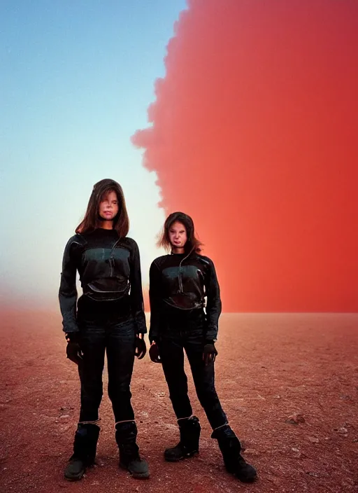 Image similar to cinestill 5 0 d photographic portrait by steve mccurry of two loving female androids wearing rugged black techwear on a desolate plain with a red sky in front of a brutalist structure, extreme closeup, cyberpunk style, dust storm, 8 k, hd, high resolution, 3 5 mm, f / 3 2, ultra realistic faces, ex machina