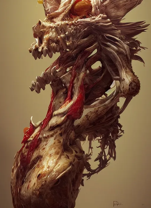 Prompt: bone chicken, hyper detailed, digital art, trending in artstation, cinematic lighting, studio quality, smooth render, unreal engine 5 rendered, octane rendered, art style by klimt and nixeu and ian sprigger and wlop and krenz cushart.
