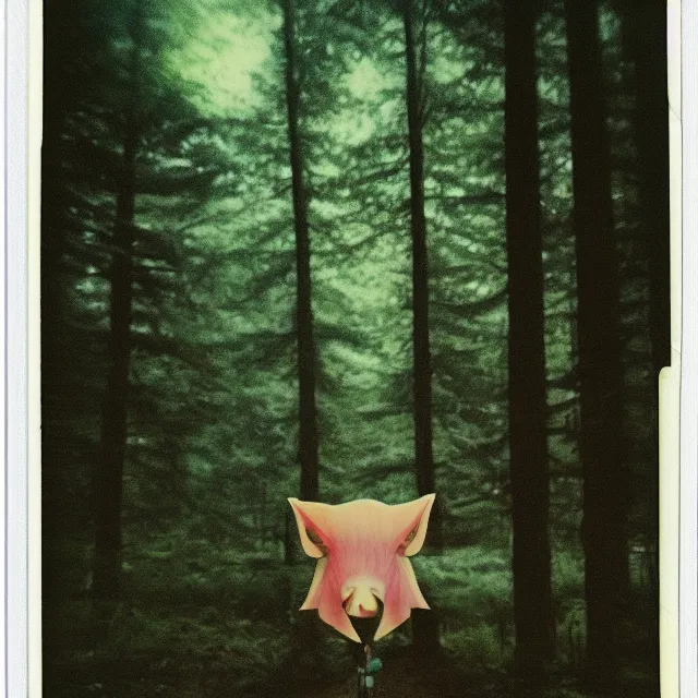 Image similar to mythical creature in a forest, grainy vintage polaroid