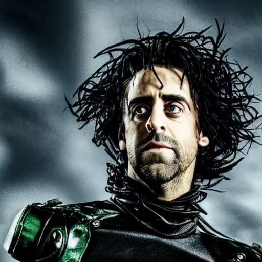 Prompt: first still from new movie has aaron rodgers as edward scissorhands in edward scissorhands remake, ( eos 5 ds r, iso 1 0 0, f / 8, 1 / 1 2 5, 8 4 mm, postprocessed, crisp face, facial features )