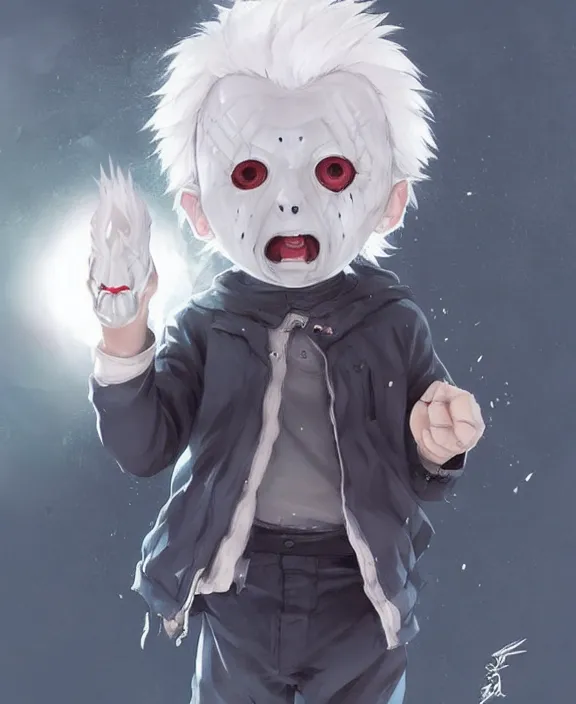 Image similar to cute little boy with white hair anime character inspired by jason voorhees, art by rossdraws, wlop, ilya kuvshinov, artgem lau, sakimichan, jakub rebelka and makoto shinkai, anatomically correct, extremely coherent, highly detailed, sharp focus, slasher movies, smooth, very realistic, symmetrical