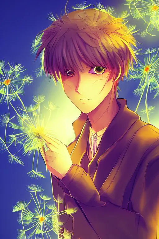 Image similar to glowing luminescent dandelion male anime character, symmetrical, highly detailed, digital art, sharp focus, trending on art station, amber eyes, autumnal colours