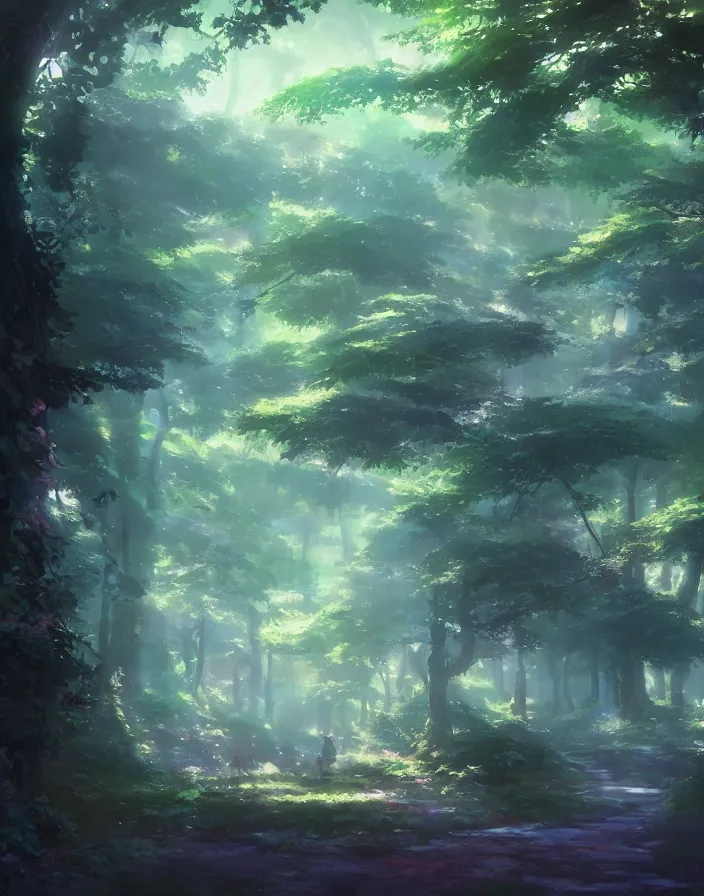 Image similar to magical mystical forest, environment concept art, ethereal anime, high detail Impressionist style, dreamy light color palette, style of studio ghibli and moebius, concept art stunning atmosphere, trending on artstation, volumetric light