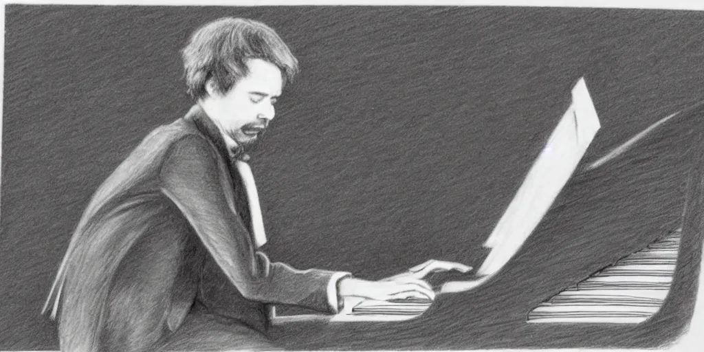 Prompt: pencil sketch Scriabin playing piano for Chopin