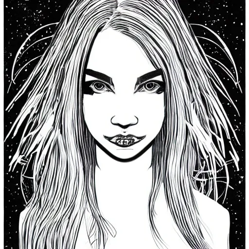 Image similar to A black ink portrait of a lonely beautiful woman with slightly opened lips and the the constellation in her black flowing hair, Trending on artstation
